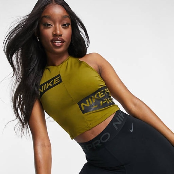 Nike Pro Training Crop Top with Logo Taping - Khaki Green - Picture 1 of 7